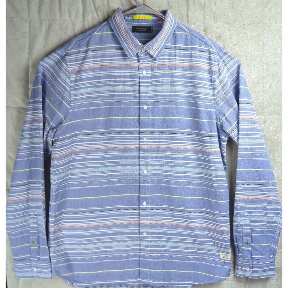 Scotch & Soda Amsterdam Shirt Men's 2XL Blue Woven Striped Everyday Long Sleeve